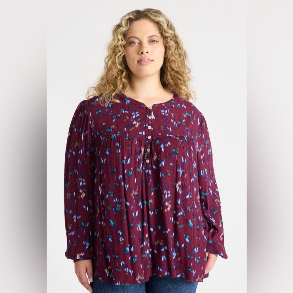 Women's Maroon Floral Button-Front Cottage-core Peasant Long Sleeve Top 3X